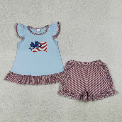 Sibling Baby Boys Girls Embroidery Dog Bows Flags Top Short 4th of July Clothes Sets