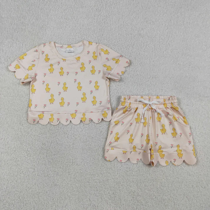 Sibling Baby Girls Colorful Flowers Top Pockets Short Scallop Clothes Sets