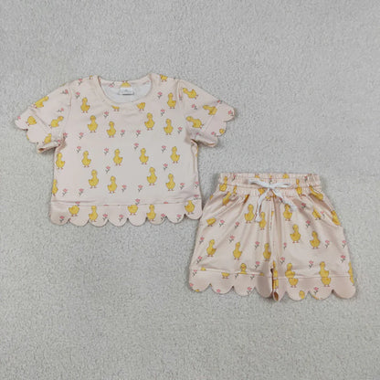 Sibling Baby Girls Colorful Flowers Top Pockets Short Scallop Clothes Sets