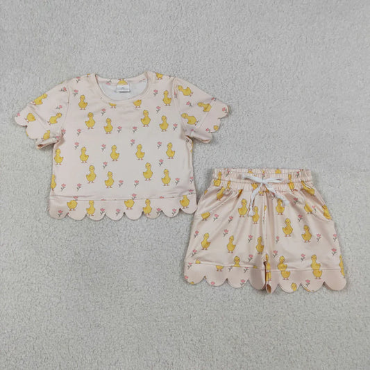 Sibling Baby Girls Colorful Flowers Top Pockets Short Scallop Clothes Sets