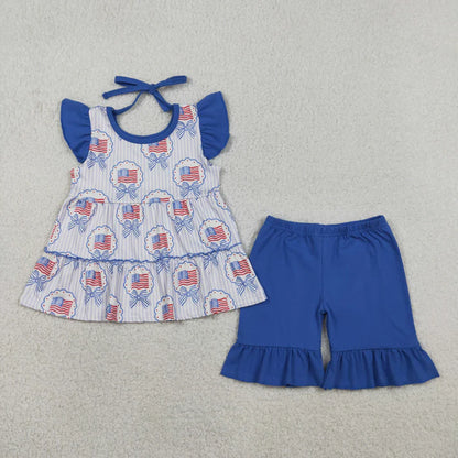 Sibling Baby Girls Flags Bows Tunic Ruffle Short 4th of July Clothes Set Rompers