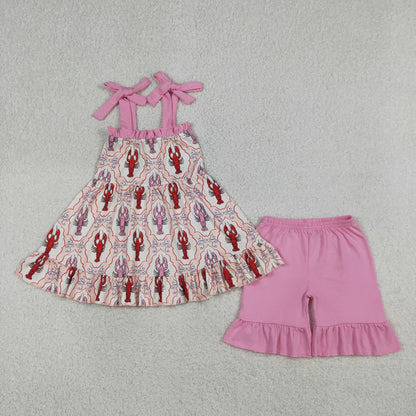 Sibling Baby Girls Crayfishes Bows Checked Tunic Ruffle Short Clothes Set Dress Rompers