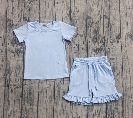 Baby Girls Short Sleeve Blue Shirt Top Ruffle Short Clothes Set Preorder GSSO3349