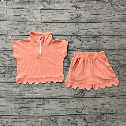 Baby Girls Peach Zipper Scallop Pullover Top Pockets Short Checked Set Preorder GSSO3374