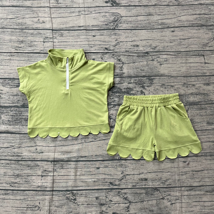 Baby Girls Green Zipper Scallop Pullover Top Pockets Short Checked Set Preorder