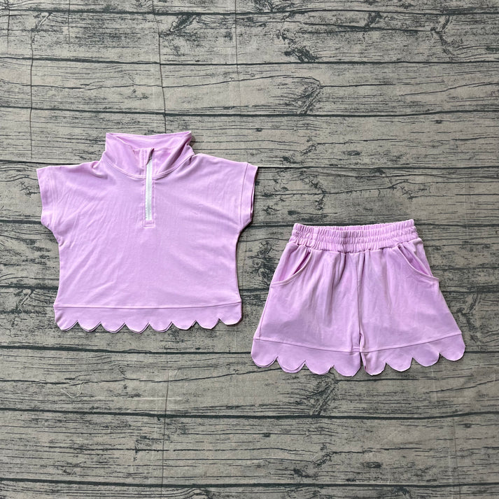 Baby Girls Hot Pink Zipper Scallop Pullover Top Pockets Short Checked Set Preorder GSSO3378