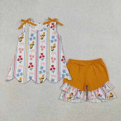 Sibling Baby Girls Colorful Flowers Scallop Tunic Ruffle Short Clothes Sets