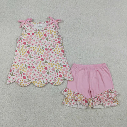 Sibling Baby Girls Colorful Flowers Scallop Tunic Ruffle Short Clothes Sets