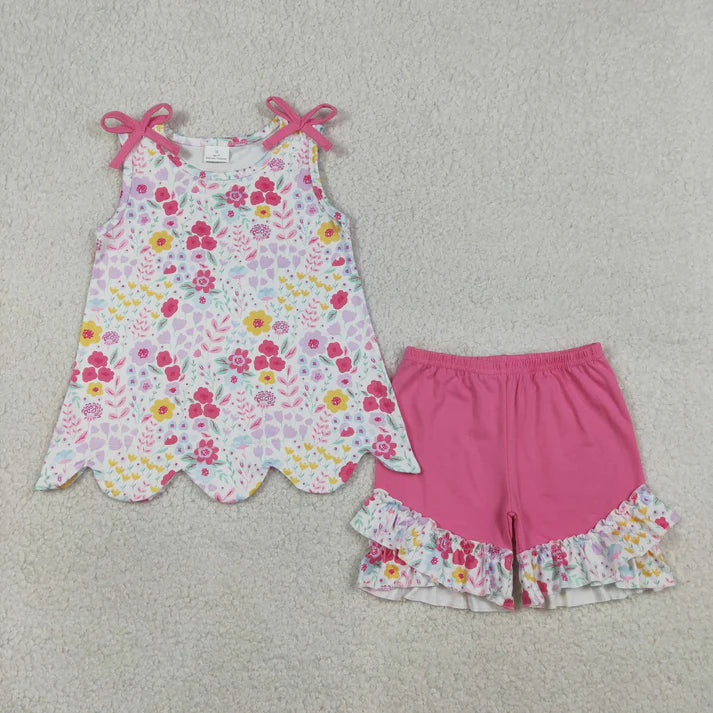 Sibling Baby Girls Colorful Flowers Scallop Tunic Ruffle Short Clothes Sets