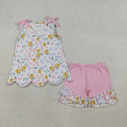 Sibling Baby Girls Colorful Flowers Scallop Tunic Ruffle Short Clothes Sets