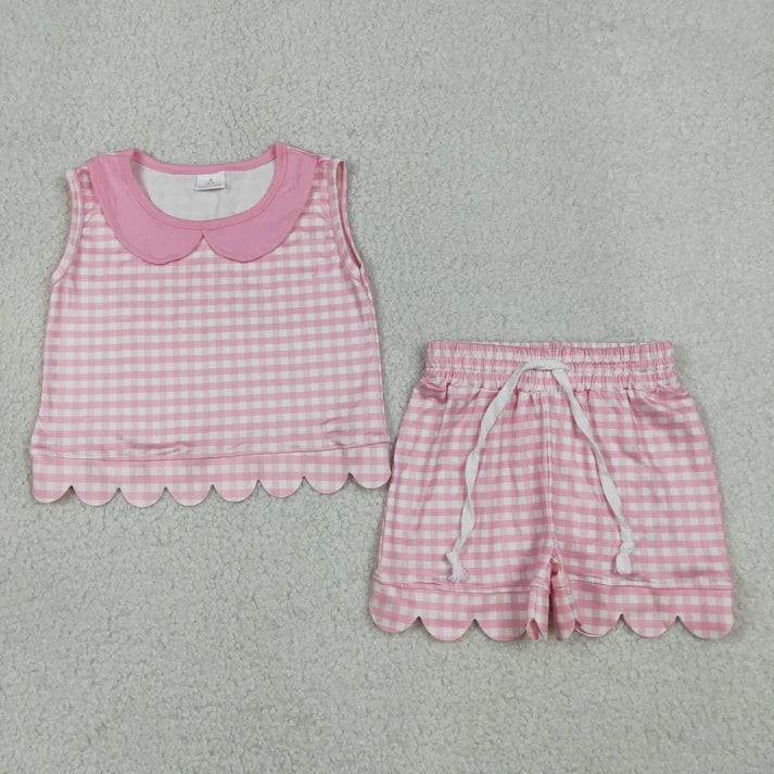 Sibling Baby Girls Short Sleeve Collar Checked Top Pockets Shorts Scallop Clothes Sets