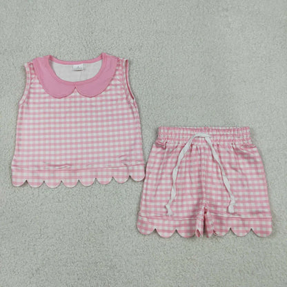 Sibling Baby Girls Short Sleeve Collar Checked Top Pockets Shorts Scallop Clothes Sets