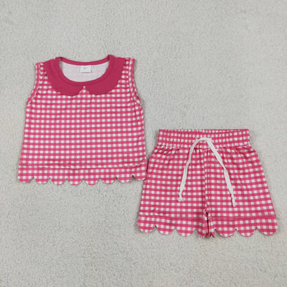 Sibling Baby Girls Short Sleeve Collar Checked Top Pockets Shorts Scallop Clothes Sets