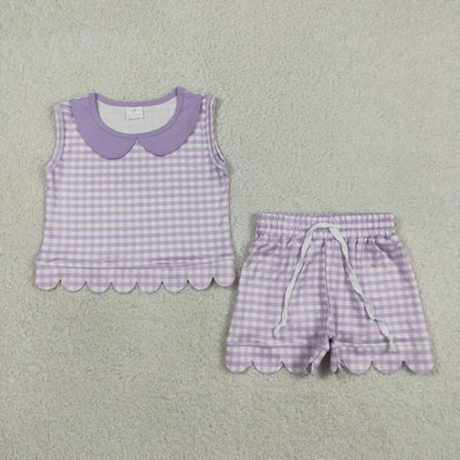 Sibling Baby Girls Short Sleeve Collar Checked Top Pockets Shorts Scallop Clothes Sets