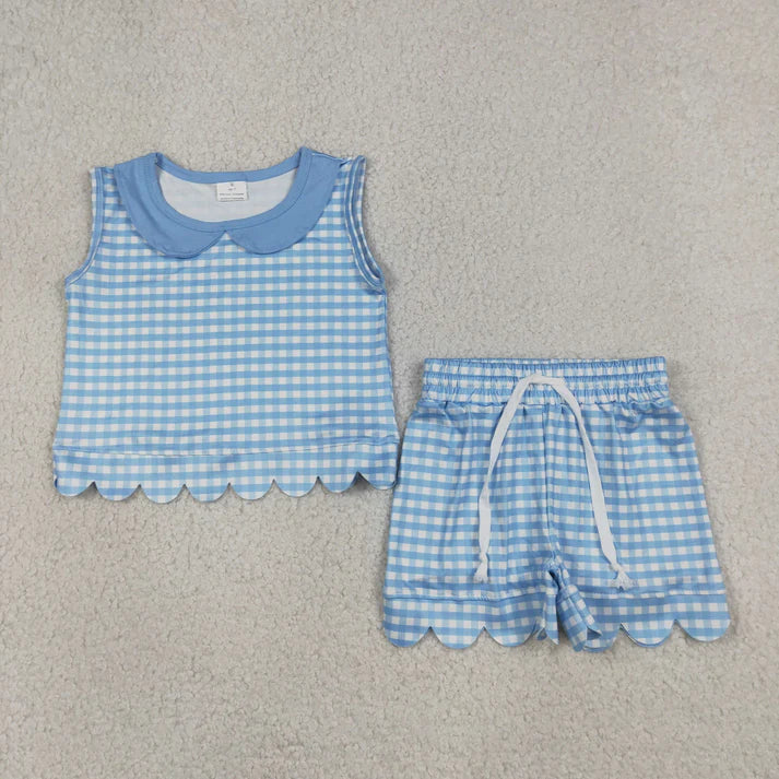 Sibling Baby Girls Short Sleeve Collar Checked Top Pockets Shorts Scallop Clothes Sets