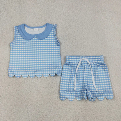 Sibling Baby Girls Short Sleeve Collar Checked Top Pockets Shorts Scallop Clothes Sets