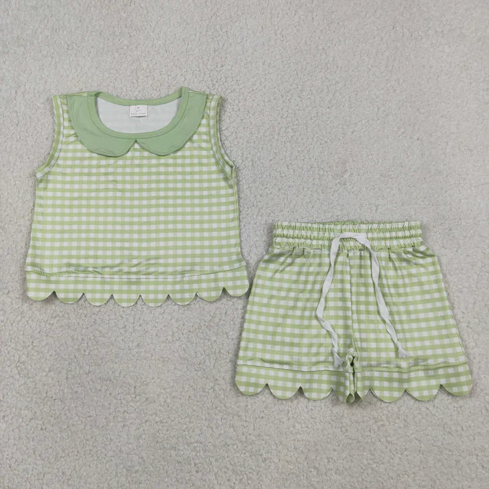 Sibling Baby Girls Short Sleeve Collar Checked Top Pockets Shorts Scallop Clothes Sets