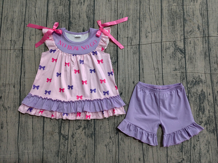 Embroidery No Bows No Go Baby Girls Bows Tunic Ruffle Shorts Clothes Sets Preorder