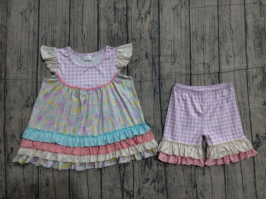 Baby Girls Colorful Flowers Patchwork Tunic Ruffle Short Clothes Sets Preorder GSSO3485
