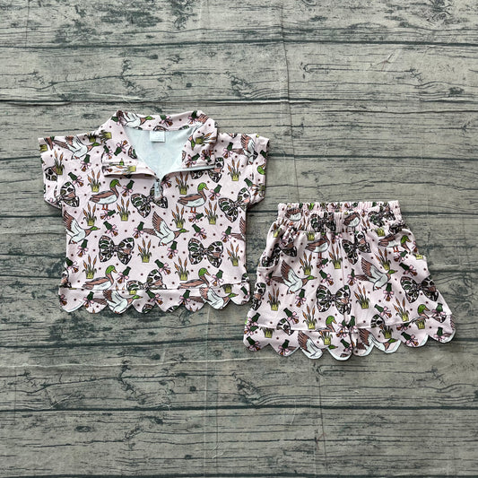 Baby Girls Clothes Camo Bows Ducks Zipper Top Short Scallop Hunting Clothes Sets Preorder GSSO3669