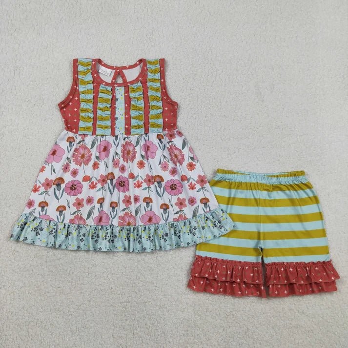 Baby Girls Sleeveless Flowers Tunic Stripe Ruffle Short Clothes Sets GSSO3740