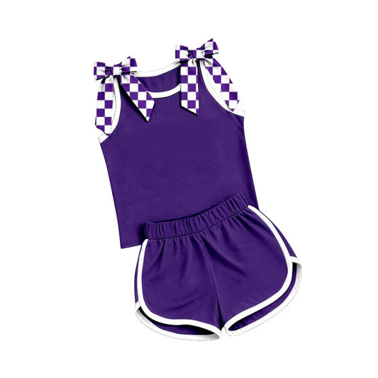 Preorder Baby Girls Purple Checked Bows Sleeveless Top Short Clothes Sets GSSO3814