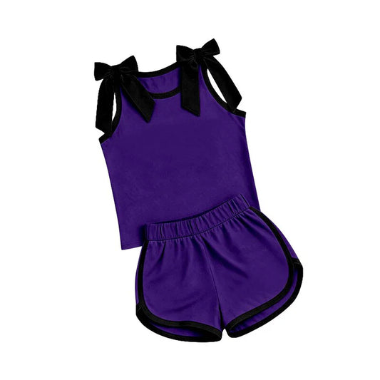 Preorder Baby Girls Purple Black Bows Sleeveless Top Short Clothes Sets GSSO3815