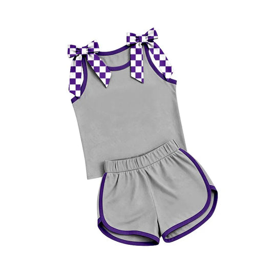 Preorder Baby Girls Grey Purple Checked Bows Sleeveless Top Short Clothes Sets GSSO3816