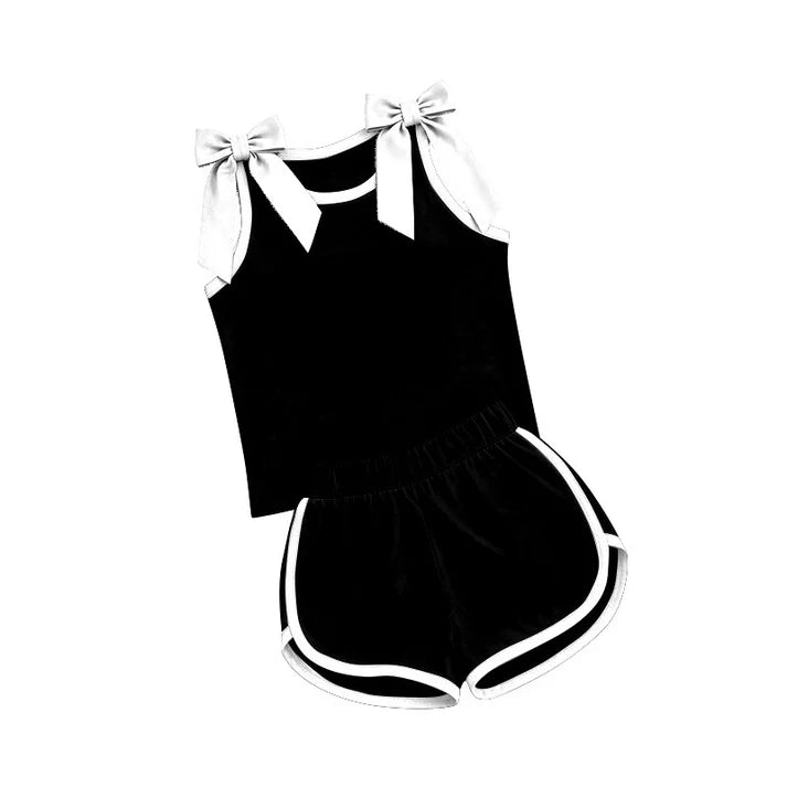 Preorder Baby Girls White Black Bows Sleeveless Top Short Clothes Sets GSSO3817