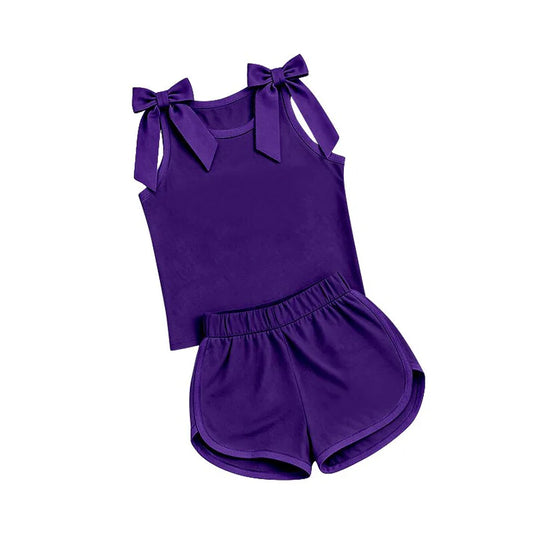 Preorder Baby Girls Purple Bows Sleeveless Top Short Clothes Sets GSSO3818