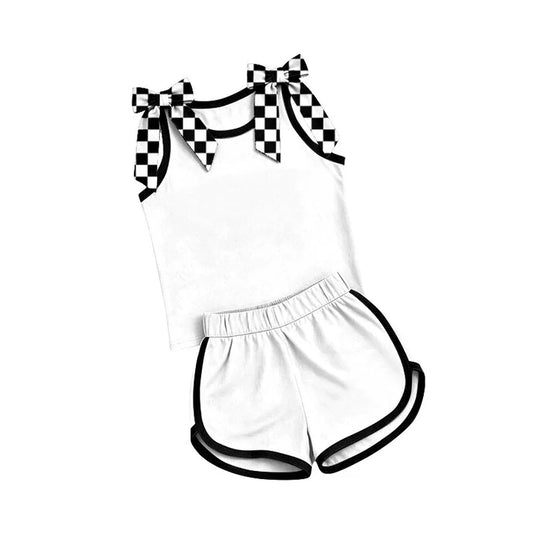 Preorder Baby Girls White Black Bows Sleeveless Top Short Clothes Sets GSSO3819