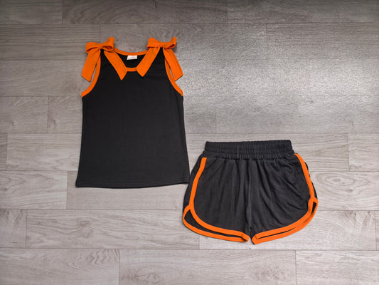 Preorder Baby Girls Black Orange Bows Sleeveless Top Short Clothes Sets GSSO3822