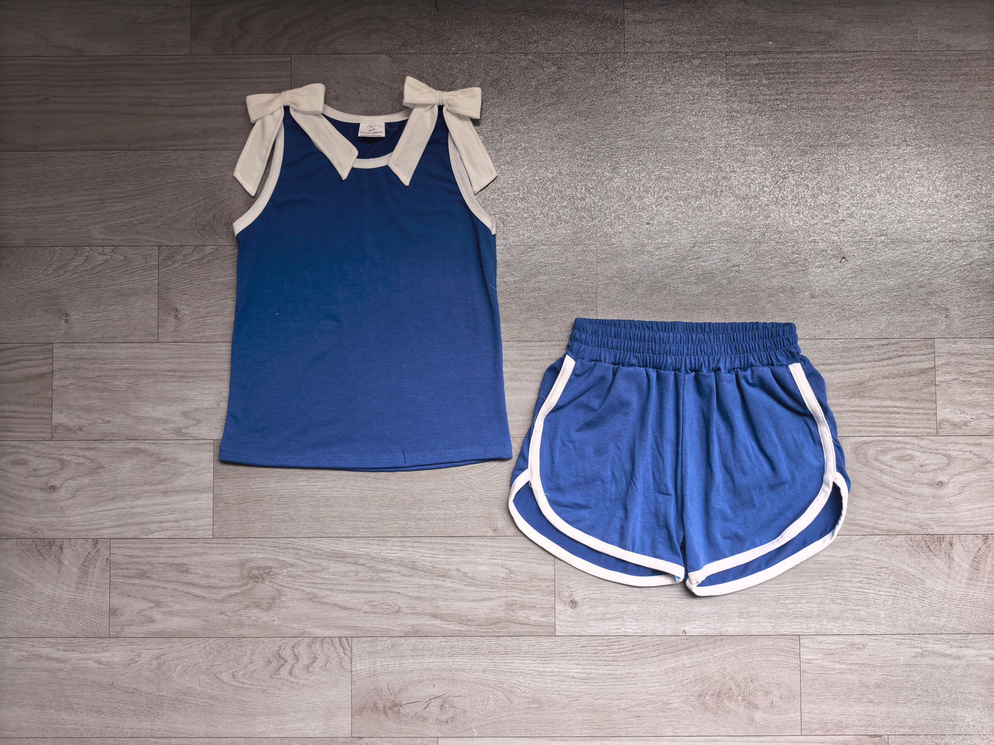 Preorder Baby Girls Blue White Bows Sleeveless Top Short Clothes Sets GSSO3824