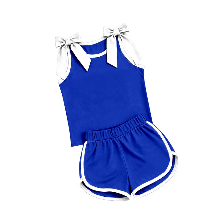 Preorder Baby Girls Blue White Bows Sleeveless Top Short Clothes Sets GSD3824