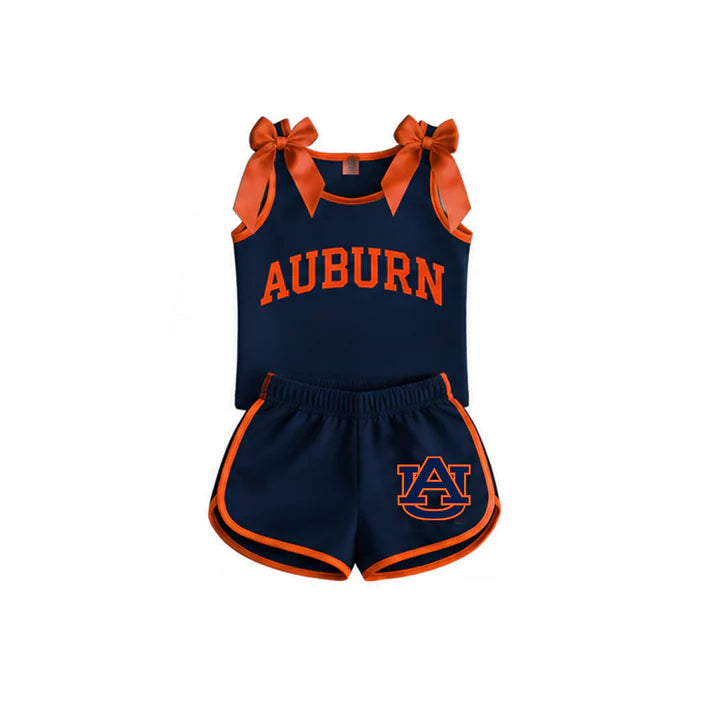 Preorder Baby Girls Clothes Navy Orange Bows Sleeveless Top Short AU Team Clothes Sets GSSO3828