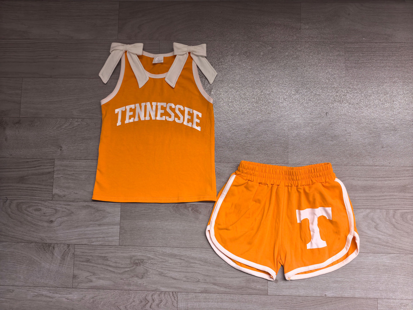 Preorder Baby Girls Orange White Bows Sleeveless Top Short T Team Clothes Sets GSSO3829