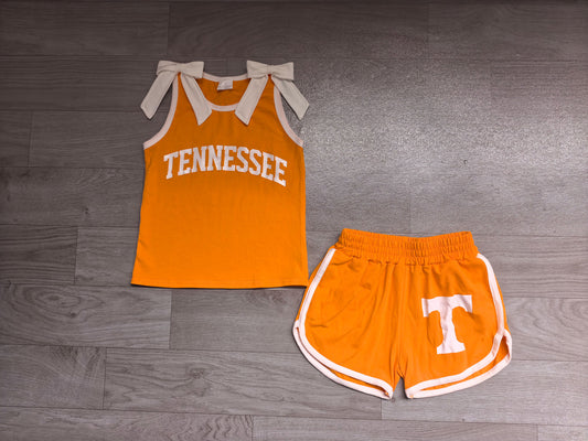 Preorder Baby Girls Orange White Bows Sleeveless Top Short T Team Clothes Sets GSSO3829