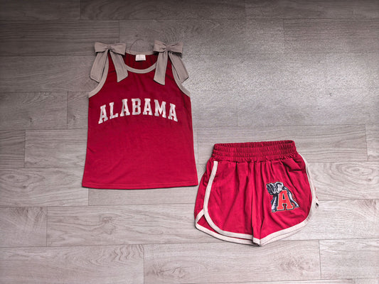 Preorder Baby Girls Red Grey Bows Sleeveless Top Short Alabama Team Clothes Sets GSSO3831
