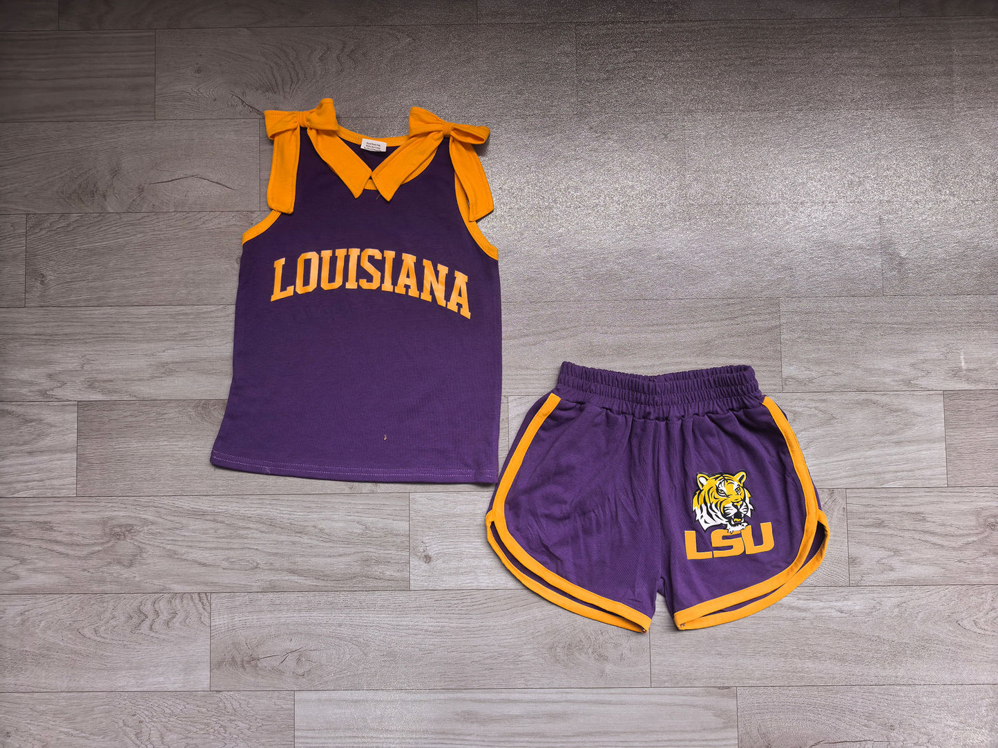 Preorder Baby Girls Purple Orange Bows Sleeveless Top Short LSU Tiger Team Clothes Sets GSSO3832