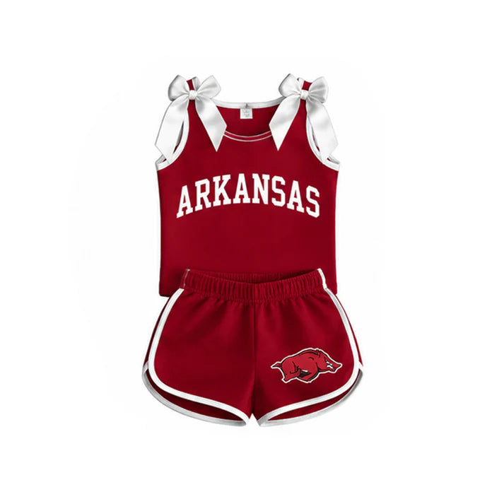 Preorder Baby Girls Red White Bows Sleeveless Top Short Arkansas Team Clothes Sets GSSO3833