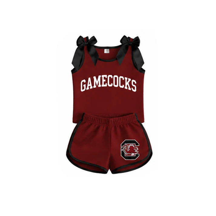 Preorder Baby Girls Gamecock Maroon Black Bows Sleeveless Top Short Team Clothes Sets GSSO3835