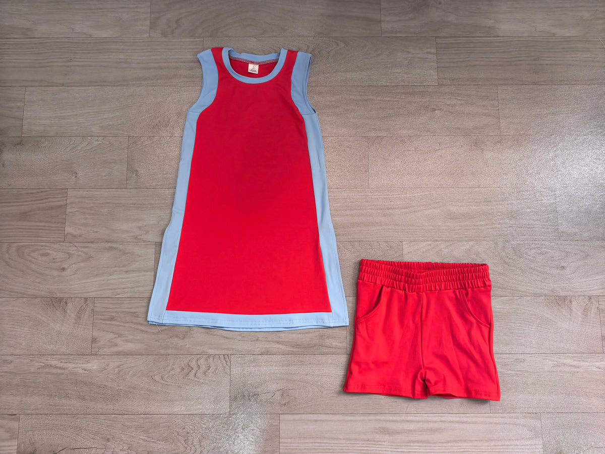 Baby Girls Clothes Sleeveless Blue Red Yoga Active Split Skirt Short Clothes Set Preorder GSSO3846