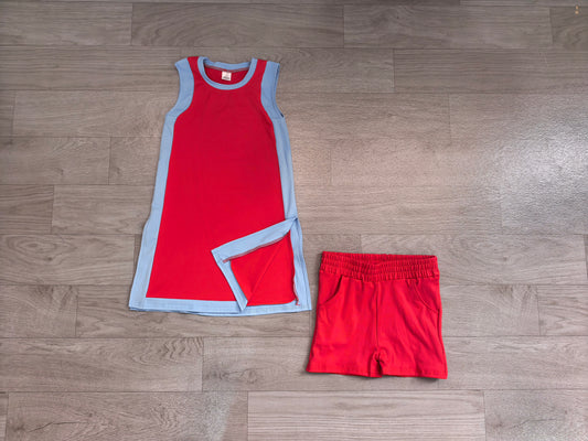 Baby Girls Clothes Sleeveless Blue Red Yoga Active Split Skirt Short Clothes Set Preorder GSSO3846