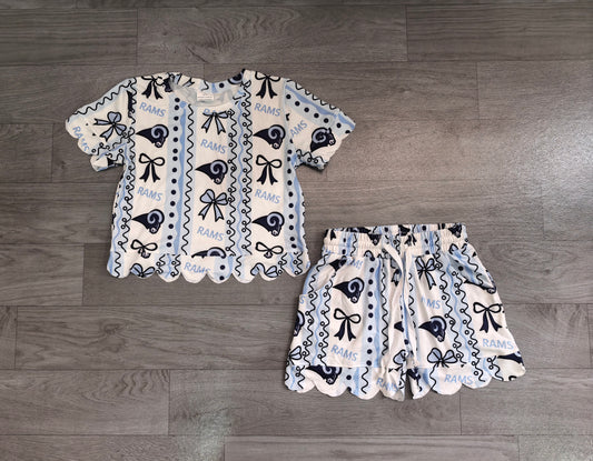 Baby Girls Clothes Rams Bows Stripe Top Short Team Scallop Clothes Sets Preorder GSSO3853