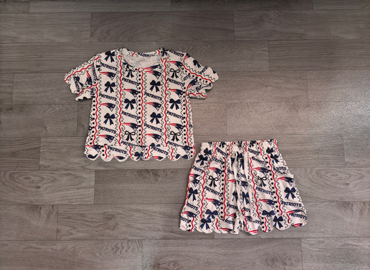Baby Girls Clothes Patriots Bows Stripe Top Short Team Scallop Clothes Sets Preorder GSSO3854