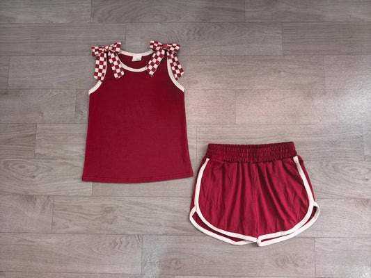 Baby Girls Clothes Maroon Checked Bows Sleeveless Vest Short Clothes Sets Preorder GSSO3859