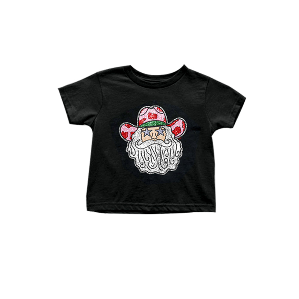 Baby Girls T-shirts Black Christmas Santa Western Short Sleeve Tee Shirts Tops Preorder GT0724