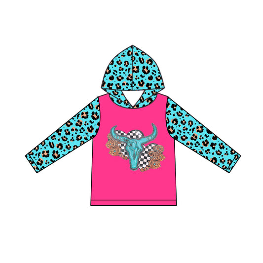 Baby Girls Clothes Tops Western Cow Hearts Leopard Long Sleeve Hooded Tops Preorder GT0776