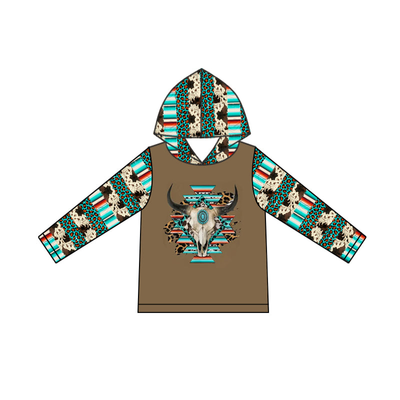 Baby Boys Clothes Tops Western Aztec Cow Long Sleeve Hooded Tops Preorder GT0778