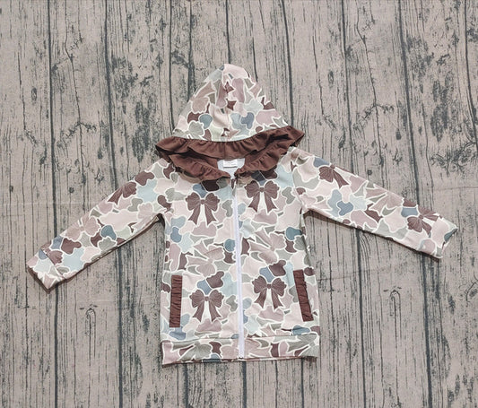 Baby Girls Grey Bows Camo Pockets Zipper Ruffle Hoodies Top Preorder 10.27